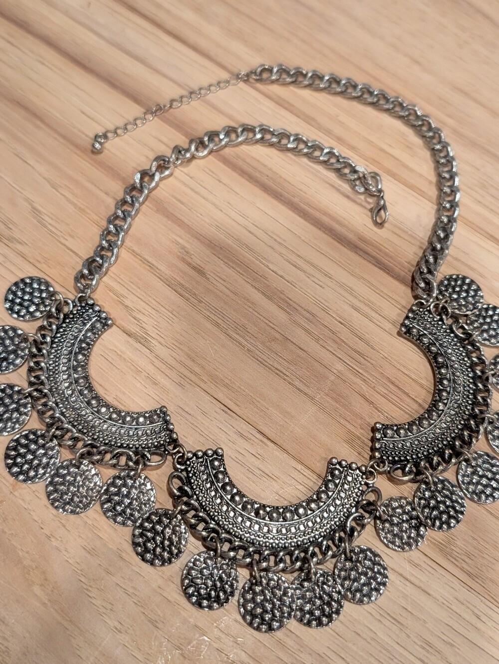 Source Unknown Silver Textured Coin Fringe Necklace